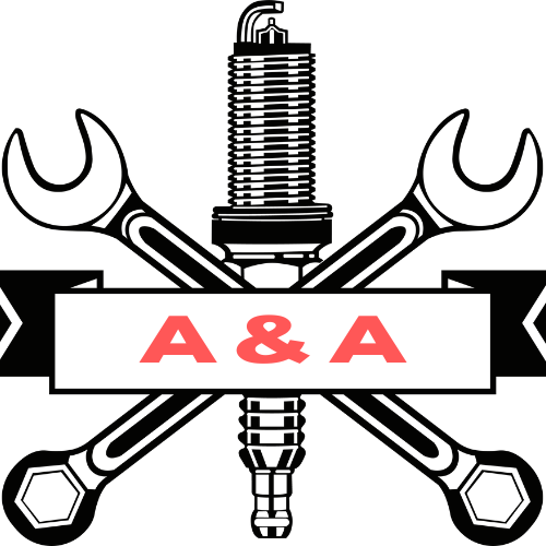 Crossed wrenches and a spark plug with a bold banner reading “A & A” in red text.